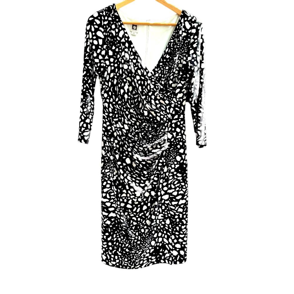 Anne Klein Faux Wrap Black and White Geometric Long Sleeved Ruched Midi Dress 6